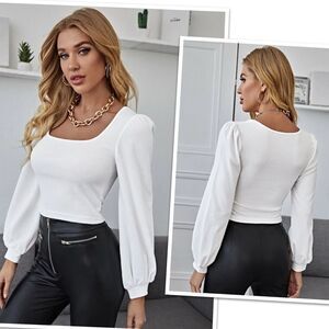 White Square Neck Lantern Long Sleeve, Petite 8/10